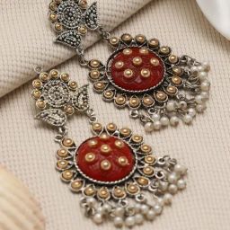 Aatmana Dual Toned White Kundan Studded & Pearl Beaded Orange Drop Earrings for Women-16