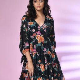 Zink London Black Floral Print Fit & Flare Dress-image-56