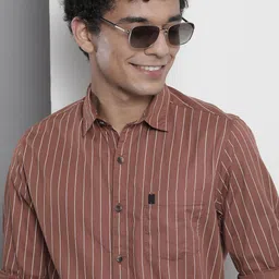 The Indian Garage Co Men Brown & White Striped Cotton Casual Shirt-5