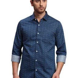 ColorPlus Blue Cotton Regular Fit Printed Shirt-picture-2