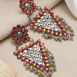 Aatmana Silver-Plated Pink & Yellow Stone Studded & Gunroom Drop Earrings for Women-9