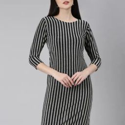 SHOWOFF Silver & Black Knitted Striped A Line Dress-image-51