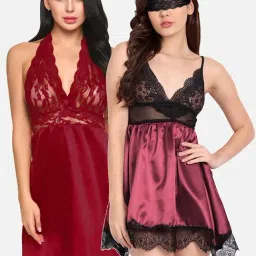 fims FIMS: Fashion is my Style Maroon Lace Work Babydoll With Thong-picture-35