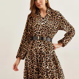 Olalook Animal Printed Shirt Collar Fit & Flare Dress-image-31