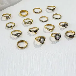 Fashion Frill Set Of 16 Gold-Plated CZ Stone-Studded Boho Finger Ring-image-16