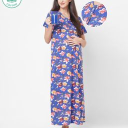 ECOMAMA Organic Cotton & Bamboo Antimicrobial Short Sleeves Maternity Nighty Floral Print - Blue-image-98