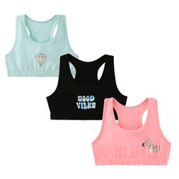Plan B 95% Cotton 5% Spandex Pack Of 3 Double Layered Racer Back Zebra & Diamond Printed Sports Bras  - Mint Green Black & Coral-image-67