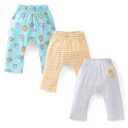 Babyhug Cotton Full Length Diaper Pants Stripes & Lion Print Pack of 3 - Blue Grey & Yellow-34