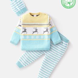Babyhug Full Sleeves Sweater Set & Cap with Reindeer Design - Blue-picture-20