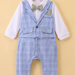 Mark & Mia Full Sleeves Party Wear Romper with Bow Checkered - Sky Blue-image-38