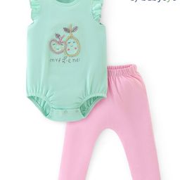 Babyoye 100%  Cotton Knit Interlock with Eco Jiva Finish Sleeveless Onesie & Leggings Solid Dyed with Embroidery & Text Print  - Mint Green & Pink-image-8