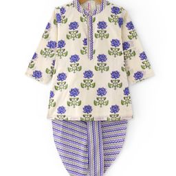 Babyhug 100% Cotton Woven Full Sleeves Kurta & Dhoti Set With Floral Print - Offwhite-picture-16