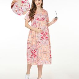 Bella Mama Woven Half Sleeves Over Lapping Front Printed Maternity Dress - Peach-image-82