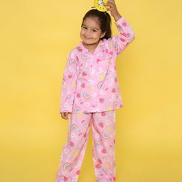Knitting Doodles Pure Cotton Woven Full Sleeves Strawberry & Rainbow Printed  Night Suit - Pink-image-67