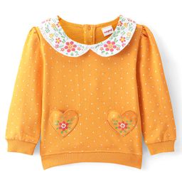 Babyhug Cotton Knit Full Sleeves Peter Pan Collar Sweatshirt With Polka Dots & Floral Print - Yellow-image-22