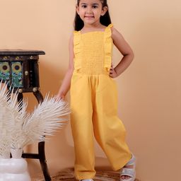 Junitos Pure Cotton Sleeveless Frill Detailed Smocked Jumpsuit - Yellow-image-41