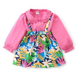 Babyhug Single Jersey Knit Full Sleeves Solid Colour Peter Pan Collared Top & Floral Printed Skirt - Pink & Blue-image-20