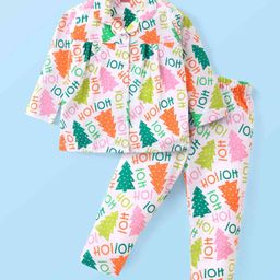 Babyhug Cotton Knit Full Sleeves Front Open Christmas Theme Printed Night Suit - White-image-56
