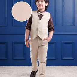 Mark & Mia Cotton Woven Full Sleeves Checkered 3 Piece Party Suit With Bow - Beige-image-126