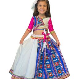 Aglare Half Sleeves Navratri Theme Lace & Mirror Work Embellished Lehenga Choli Set - Blue-image-7