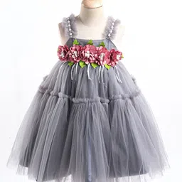 Enfance Sleeveless Floral Applique Flared Party Dress -Light Grey-picture-14