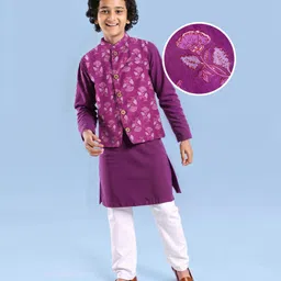 Pine Kids Cotton Woven Full Sleeves Kurta Pajama Set With Floral Printed Jacket- Purple-picture-46