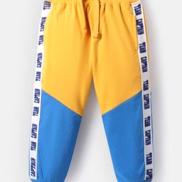 Babyhug Terry Knit Full Length Lounge Pant With Text Print & Cut & Sew Design - Yellow & Blue-image-17