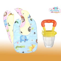 The Cheeky Kidzz Baby Food Feeder Star Silcone Fruit Vegetable Nibbler Rattle Soother Teether With 3 Cotton Feeding Bibs(YELLOW)-9