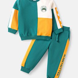 Babyhug Terry Knit Full Sleeves T-Shirt & Lounge Pant Set With Cut & Sew Design & Car Print - Teal Blue White & Yellow-image-80