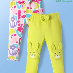 Babyoye 100% Cotton Knit With Eco Jiva Finish Full Length Floral Printed Leggings With Bunny & Bow Applique Pack of 2 - Neon Green & White-image-95