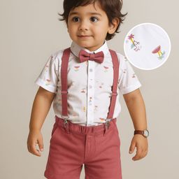 Mark & Mia Cotton Woven Half Sleeves Shirt with Shorts Set with Suspender & Bow and Beach Theme Print - White & Maroon-image-66