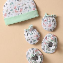 Ben Benny 100% Cotton Knit Cap Mitten & Booties Set With Animal Print Light Green - Diameter 9 cm-image-41