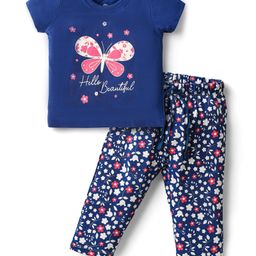 Doodle Poodle 100% Cotton Knit Half Sleeves Night Suit with Floral Print - Navy Blue-picture-6