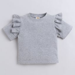 Aww Hunnie 100% Cotton Jersey Half Sleeves Frill Detailed Top - Grey-picture-3
