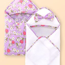 Babyoye 100% Organic Muslin Hooded Wrapper With Floral Print Pack Of 2 L 31 x B 23 cm - Purple-image-17