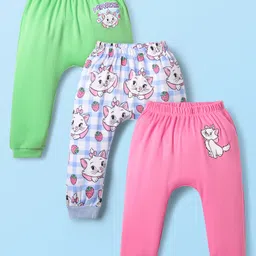 Babyhug Disney Interlock Knit Full Length Diaper Leggings with Aristocats Marie Graphics Pack of 3 - Green Pink & White-picture-33