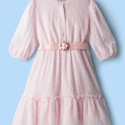 Hola Bonita Dobby Woven Full Sleeves Frock with Belt - Pink-picture-10