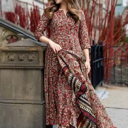 THE FAB FACTORY Floral Printed Notch Neck Anarkali Kurta With Trousers & Dupatta-image-21