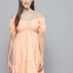 DENNISON Peach-Coloured Off-Shoulder Crepe Dress-image-11