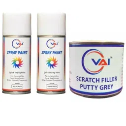 VAI Spray Paint Can Polar White 225 ml for Venue with Scratch Filler Putty Grey 200 g, 1 Putty Abrasion Tool and 320 Grits Sandpaper-45