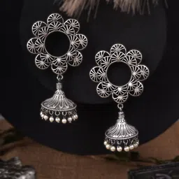 Sangria Silver-Plated Pearls Beaded Dome Shaped Oxidised Jhumkas-17