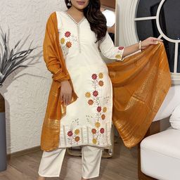 KALINI Floral Embroidered Thread Work Straight Kurta With Trousers & Dupatta-image-62