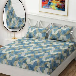 YaAkholic Cream-Coloured & Green 210 TC Queen Bedsheet with 2 Pillow Covers-image-81