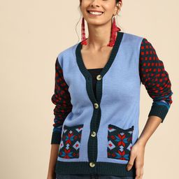 Sangria Women Blue & Green Fair Isle Knitted Cardigan-image-47