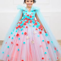 Li & Li Boutique Girls Aqua Blue & Coral Flower Frock with Long Bow Sleeves-image-35