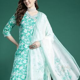 Sangria Floral Printed Angrakha Thread Work Pure Cotton Kurta with Trousers & With Dupatta-image-78