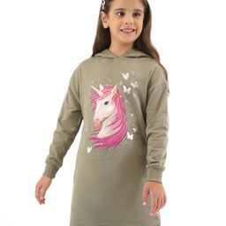 Primo Gino 100% Cotton Knit Full Sleeves Hooded Winter Frock with Unicorn Print - Green-picture-27