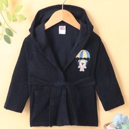 Babyhug Cotton Knit Full Sleeves Hooded Bath Robe Bear Embroidery - Navy Blue-image-89