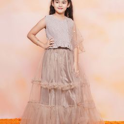AJ Dezines Sleeveless  Chevron & Chikankari  Self Embroidered Choli  With Lehenga & Dupatta Set  - Beige-image-69