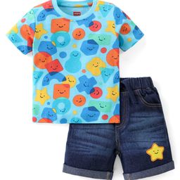 Babyhug Single Jersey Knit Half Sleeves T-Shirt & Denim Shorts Set With Geometrical Shapes Print - Blue-image-67